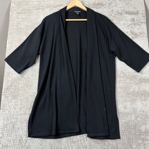 Eileen Fisher Womens Black Ribbed Open Front Cardigan Elbow Sleeve S